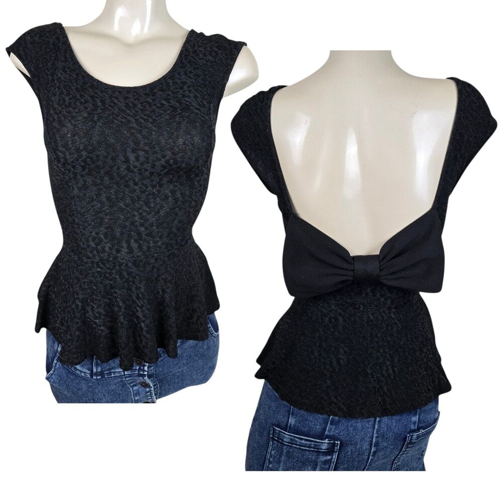 Papaya Black Peplum Top M Open Back w/ Large Bow Textured Whimsigoth Y2K Indie